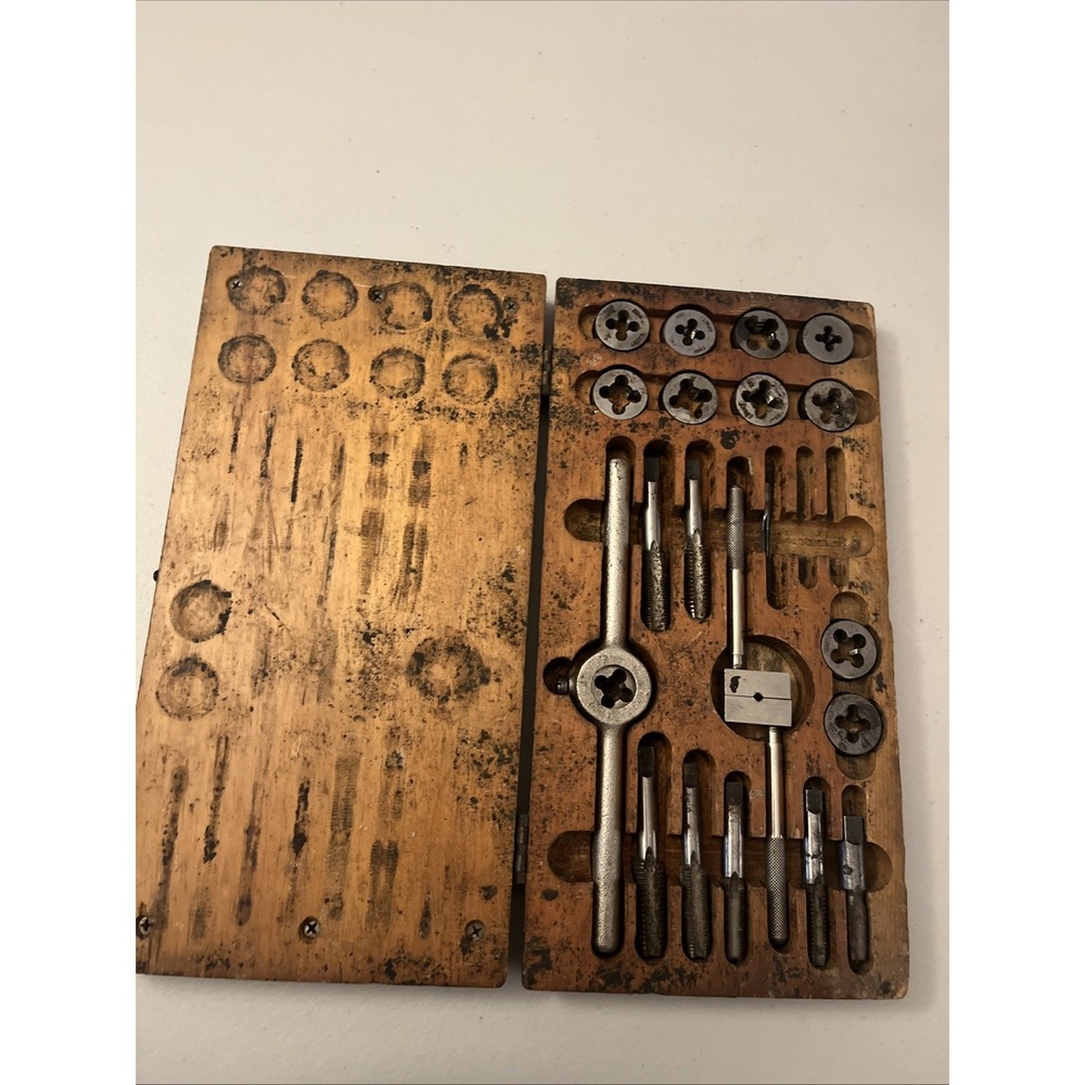 Vtg Tap & Die Set w/ Wood Case Lucky Brand Ace Mixed Brands‎ 20 Pieces